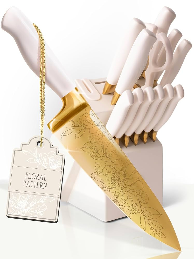 STYLED SETTINGS Knife Set with Built-in Sharpener – 14 PC Golden Titanium-Coated Stainless Stee... | Amazon (US)