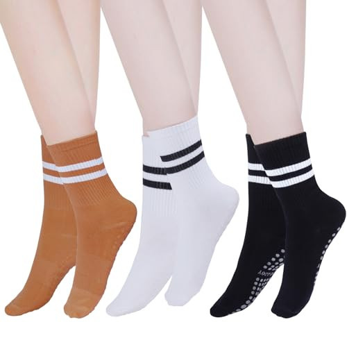 3 Pair Pilates Yoga Socks with Grips, Women Non Slip Socks Anti Skid Socks for Barre Ballet Dance Workout Hospital (Black, white, brown) | Amazon (US)