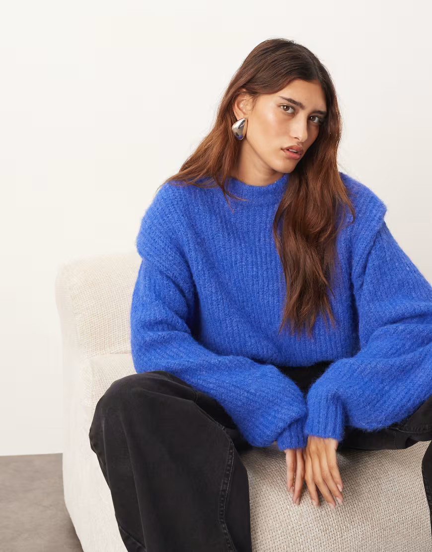 ARRANGE rib knit shoulder pad sweater in cobalt blue | ASOS (Global)