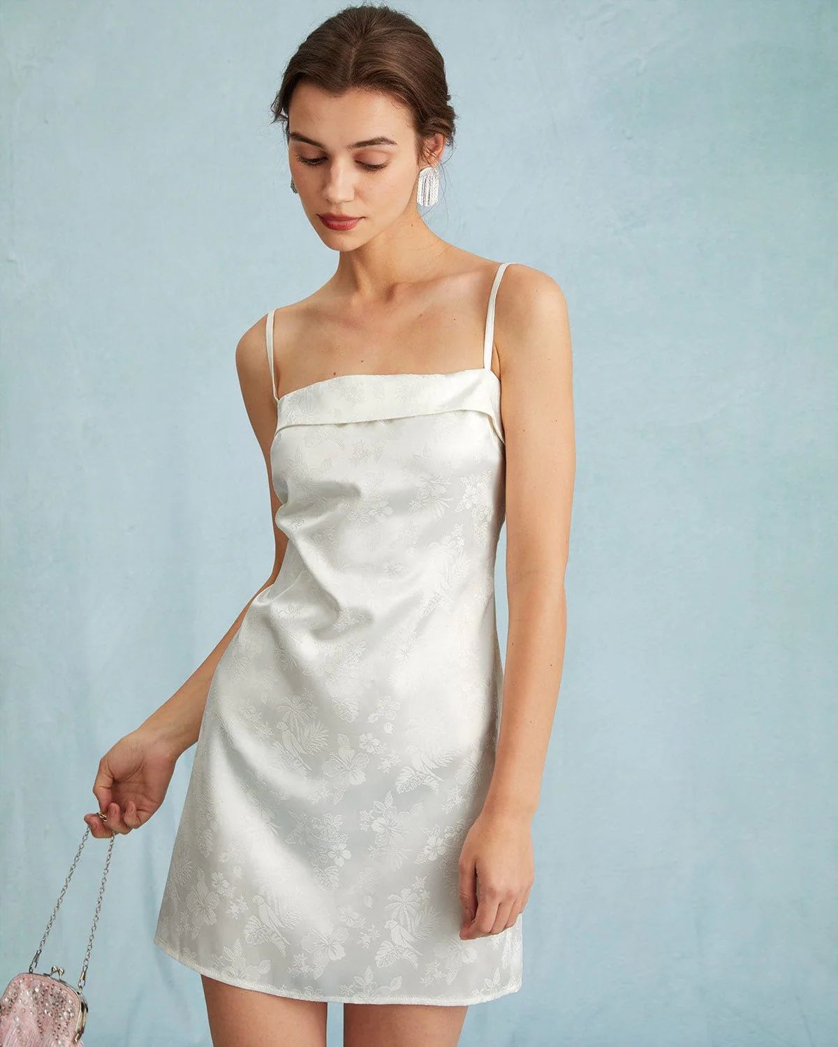 The White Jacquard Sling Mini Dress - White Floral Jacquard Sleeveless Dress - White - Dresses | ... | rihoas.com