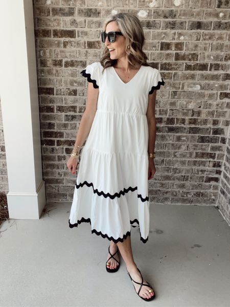 Women’s summer dress V-neck cap sleeve - rick rack loose tiered a line - midi dress with pockets - it comes in multiple colors - wearing size small 

#LTKfindsunder50 #LTKworkwear #LTKstyletip