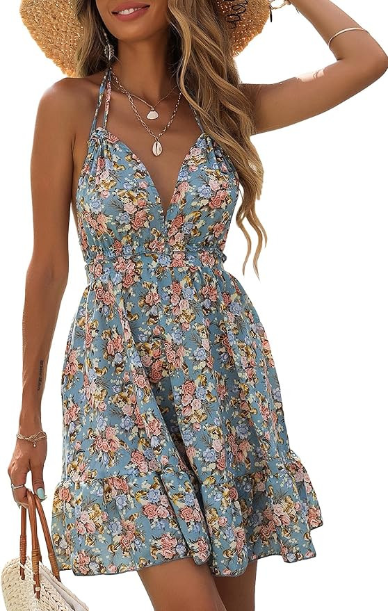 Floerns Women's Floral Print Deep V Neck Halter Mini Dress Backless Boho Cami Dress | Amazon (US)