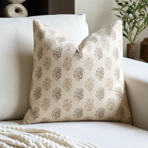 FIOUOVO Floral Vintage Throw Pillow Covers 24x24 Pillow Cover Block Print Cushion Covers Farmhouse Decorative Neutral Accent Home Décor for Sofa Couch Living Room Bedroom, 1PC, Cognac Brown | Amazon (US)