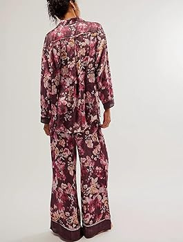 Women Satin Pajama Set Floral Silk Pajamas 2 Piece Lounge Sets Button Down Shirts Wide Leg Pants ... | Amazon (US)