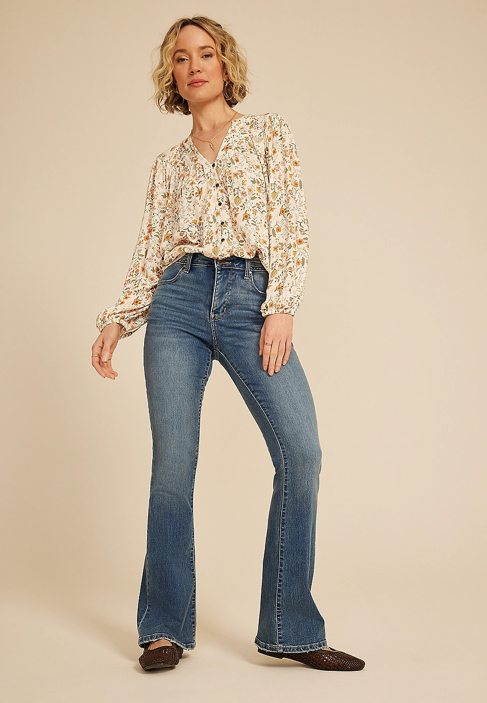Floral V Neck Button Down Blouse | Maurices
