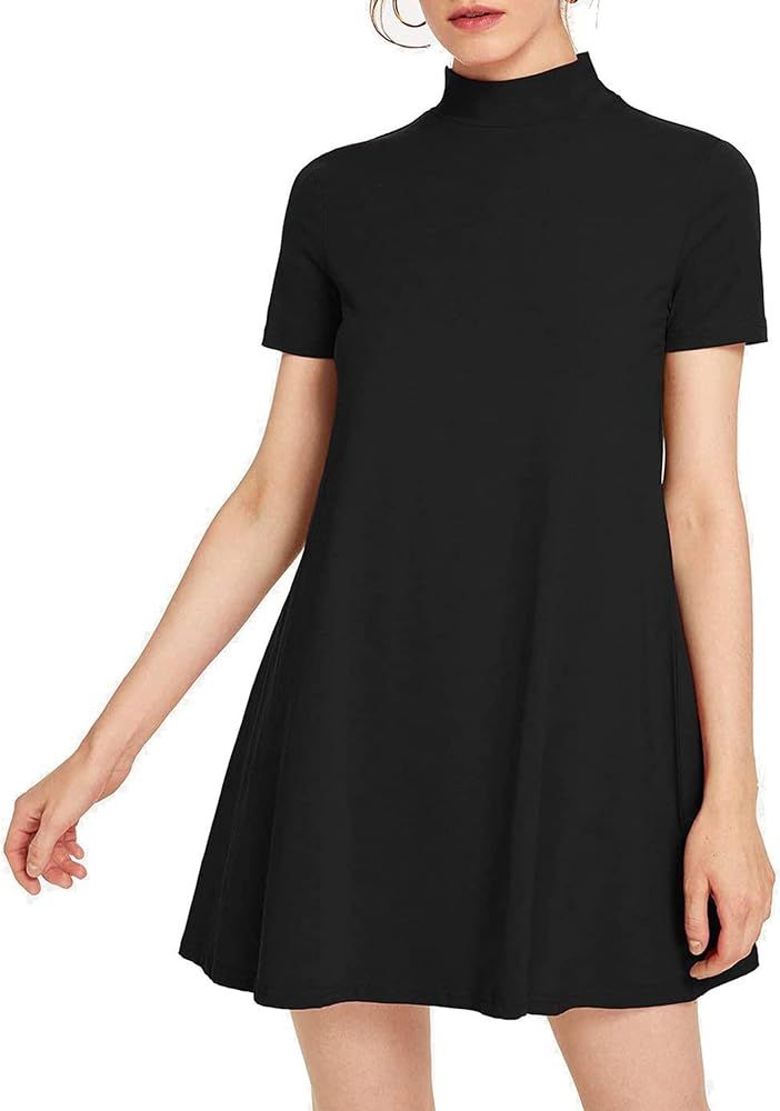 Women's Casual Mock Neck T Shirt Dress Plain Short Sleeve Loose Swing Dress | Amazon (US)