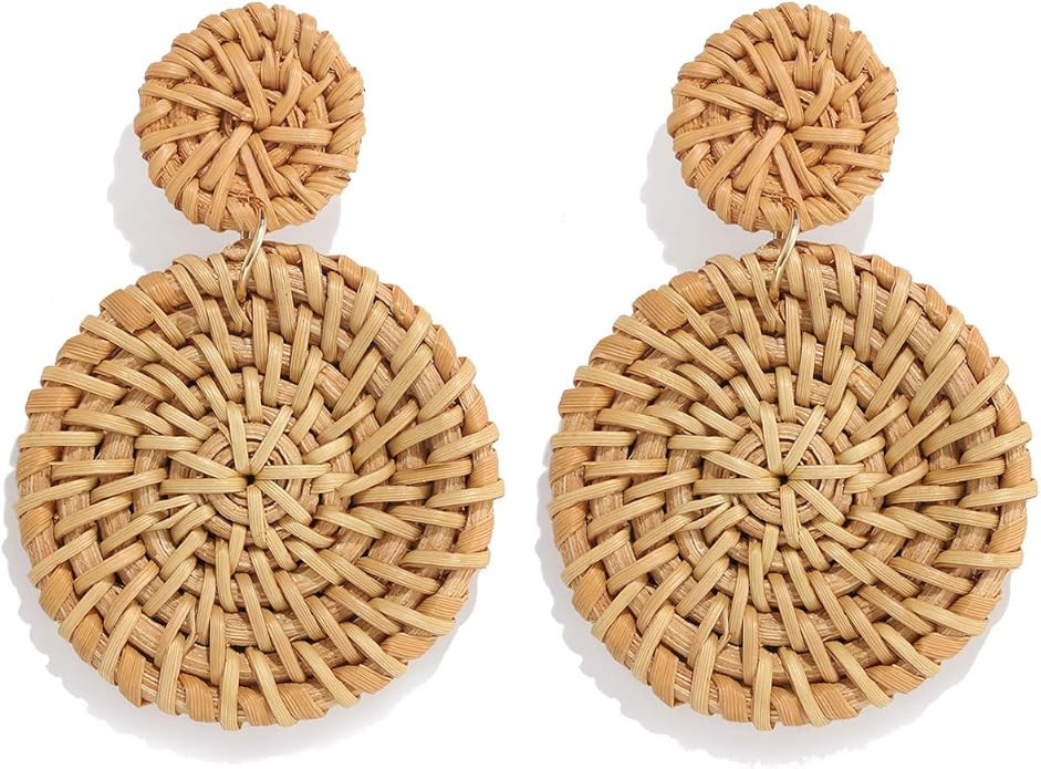 Weave Straw Double Disc Drop Earrings Boho Rattan Dangle Statement Earrings | Amazon (US)