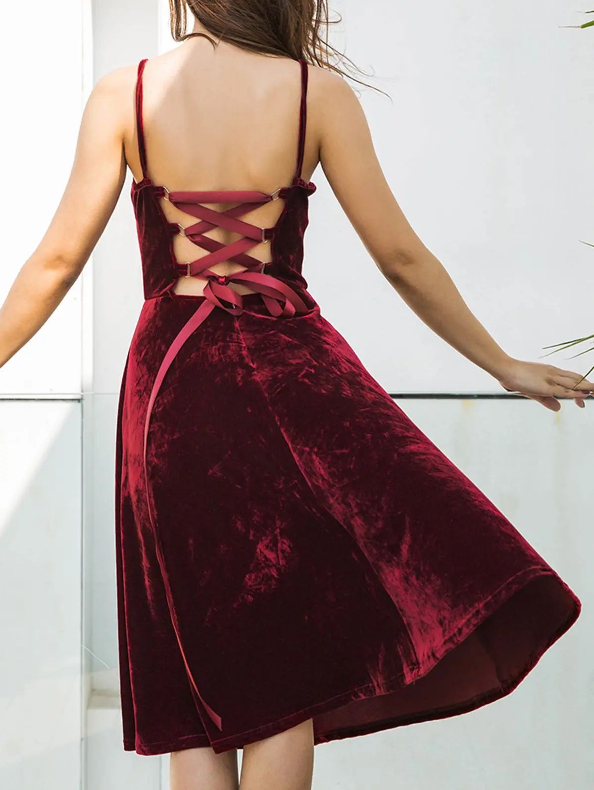 Back Lace Up Spagetti Strap Velvet Dress | Rosegal US