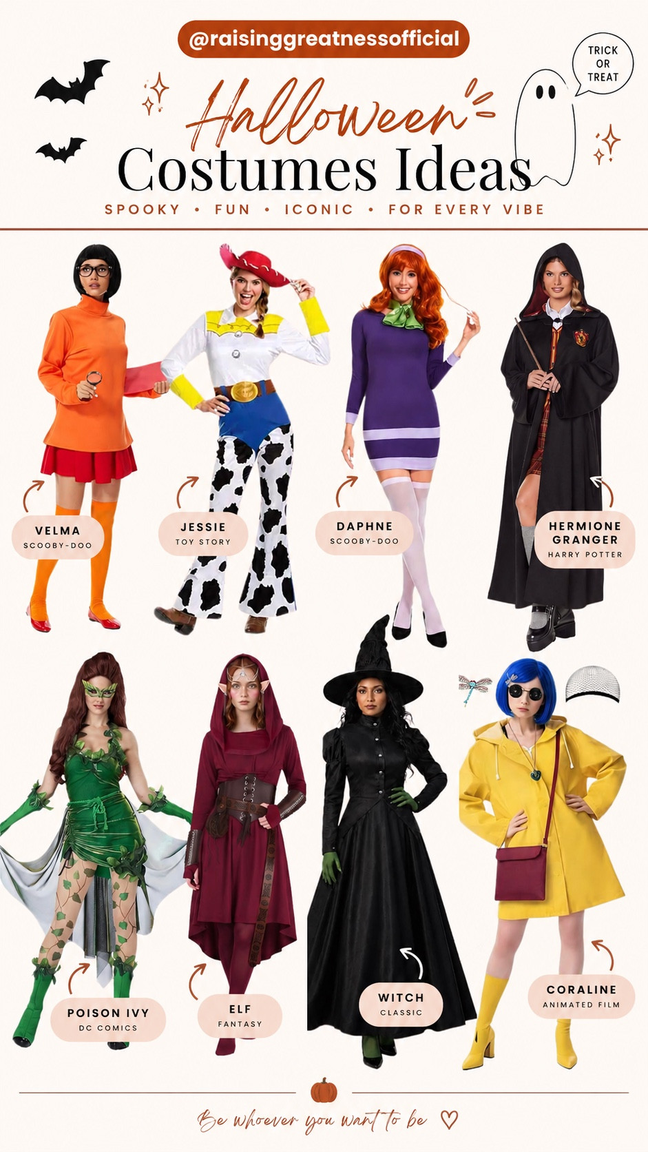 Halloween is the perfect time to have a little fun with your look! 🎃 From classic witches and spooky favorites to iconic character-inspired costumes like Velma, Jessie, Daphne, Hermione, Poison Ivy, and Coraline, these Halloween costume ideas are full of personality and inspiration. Whether you want something cute, classic, magical, or a little spooky, there’s a costume idea here for every vibe! 🖤✨ Save this for your Halloween costume inspiration! 

#HalloweenCostumes #HalloweenIdeas #HalloweenInspiration #CostumeIdeas #RaisingGreatness

#LTKSeasonal #LTKootd