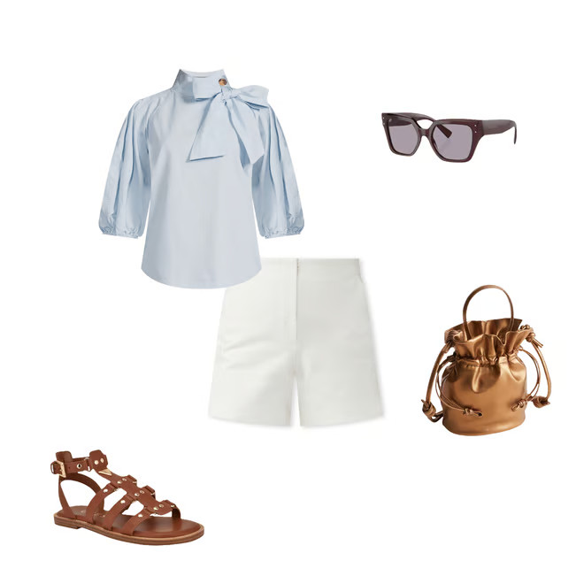 Tinted Denim Mock Bow Tie Neck 3/4" Puffed Balloon Sleeve Pleated Button Shoulder Tulip Hem Top | Dillard's