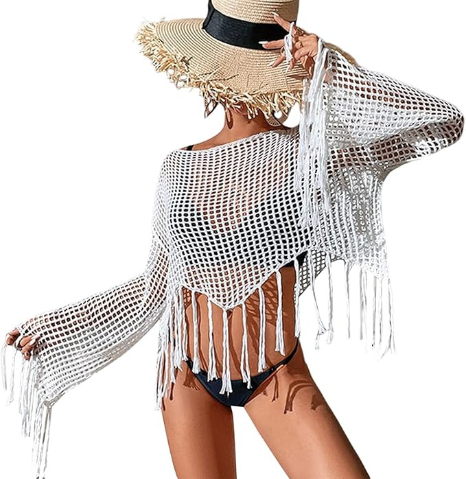 ZAFUL Women's 2023 Summer Cover Up Long Sleeve Hollow Beach Bikini Swimsuit Tassels Top | Amazon (US)