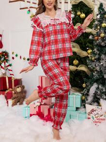 SHEIN SweetSlumber Christmas Plaid Pattern Lace Trim Women Sleepwear Set | SHEIN