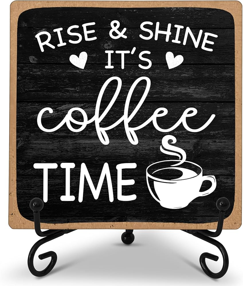Farmhouse Coffee Bar Sign, Rise & Shine It's Coffee Time, 4"x4" Wood Plaque with Stand Gift for H... | Amazon (US)