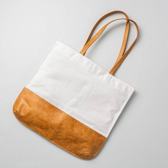Canvas & Leather Tote Bag Cream/Tan - Hearth & Hand™ with Magnolia | Target