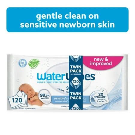 WaterWipes Sensitive Newborn & Baby Wipes, 3-In-1 Cleans, Cares, Protects, 99.9% Water, Unscented & Hypoallergenic, 2 Packs (120 Wipes) | Walmart (US)