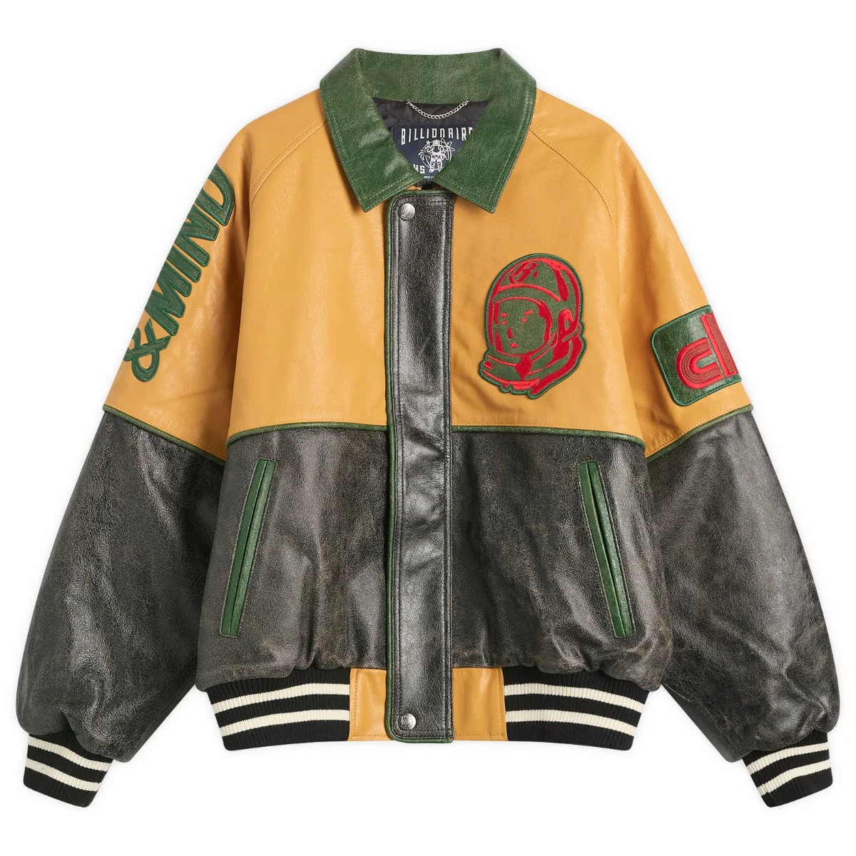 Billionaire Boys Club Club Cracked Leather Varsity Jacket Black/Yellow | END. Clothing