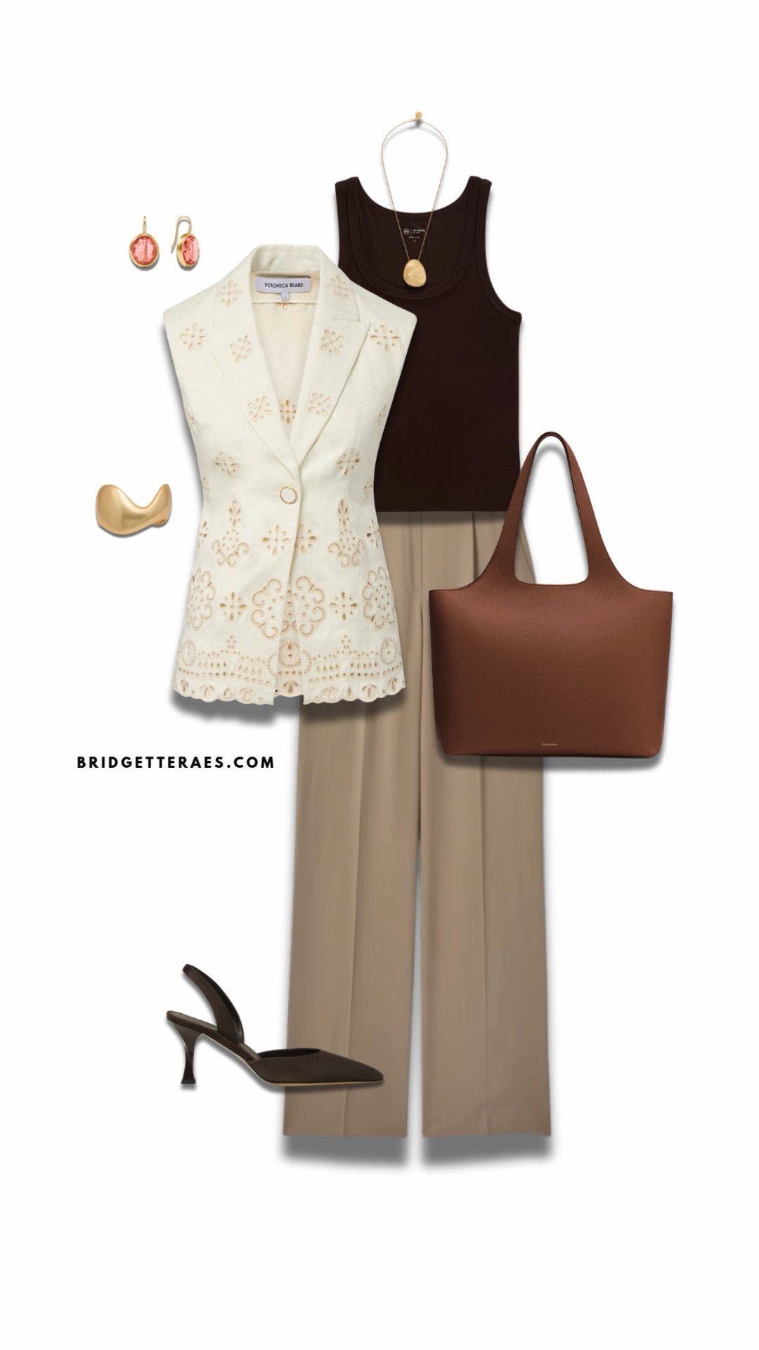 The rich chocolate tank creates a sleek base, layered under a beautifully tailored ivory vest with delicate eyelet detailing that adds softness and interest without overpowering. Fluid neutral trousers elongate the silhouette, keeping everything refined and easy, while the tonal brown accessories—structured tote and sculptural heels—pull the palette together seamlessly. Gold jewelry adds a hint of glow, complementing the earthy tones and elevating the overall feel. It’s effortlessly sophisticated with a subtle statement—perfect for when you want to look polished but still feel relaxed.

#LTKOver40 #LTKWorkwear #LTKootd