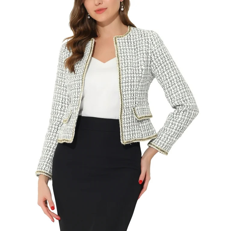 Allegra K Women's  Plaid Tweed Open Front Office Short Blazer | Walmart (US)