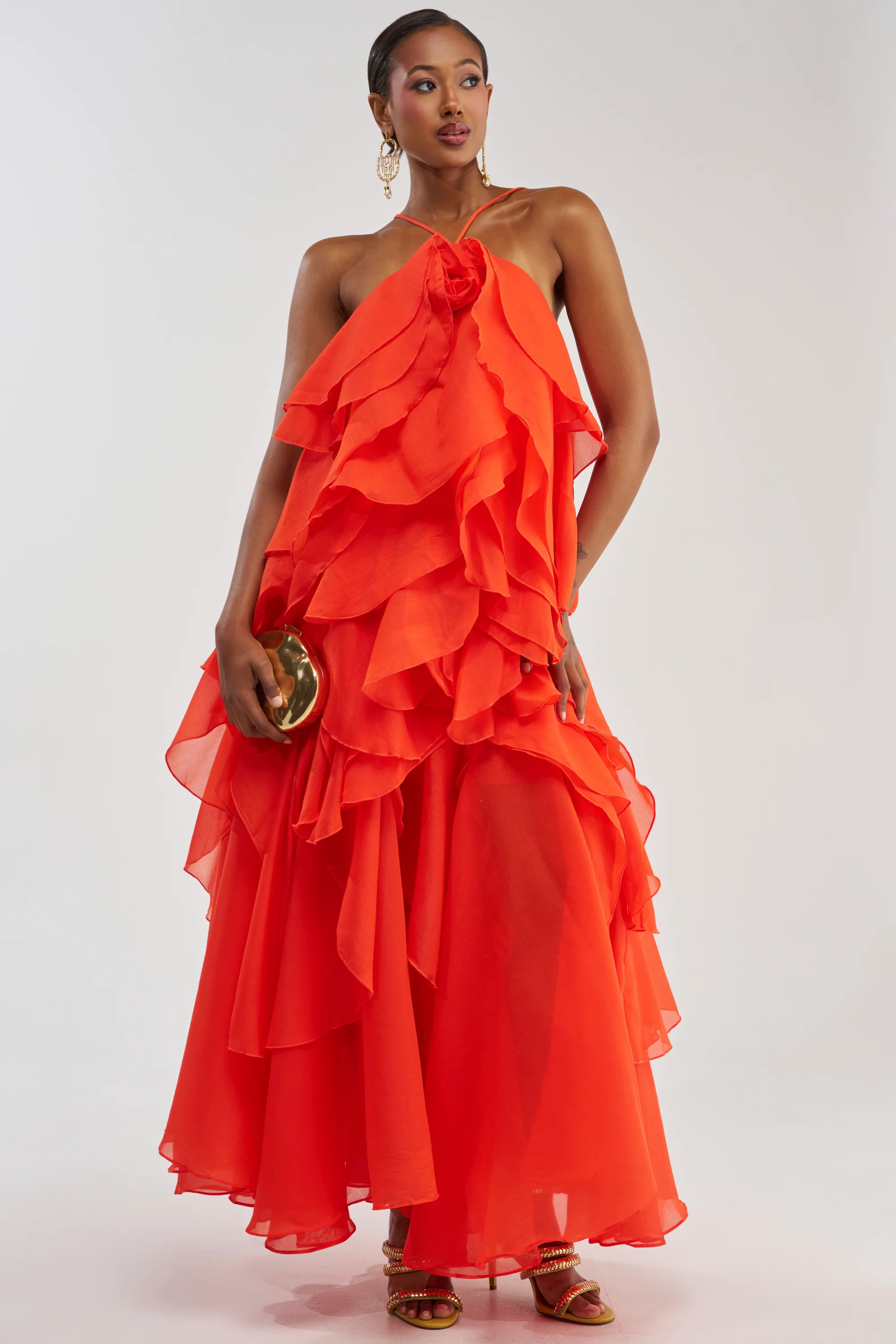 GOLDEN HOUR FLORAL CHIFFON MAXI DRESS IN ORANGE | AKIRA
