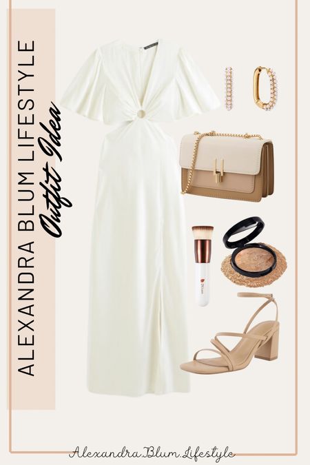 Beautiful white dress from Abercrombie perfect for brides to be! Rehearsal dinner dress! Amazon accessories like this best selling brown crossbody neutral purse and low heel sandals, best selling makeup, and earrings! Amazon fashion! 

#LTKwedding #LTKstyletip #LTKfindsunder100
