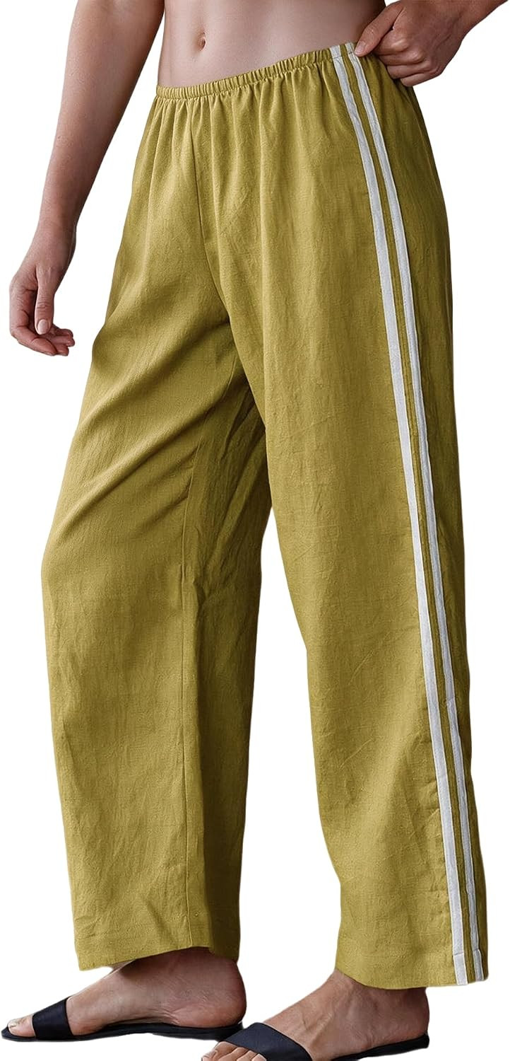 Womens Cropped Striped Linen Pants Summer Casual Wide Leg Pants Elastic Waist Beach Vacation Lounge Trousers | Amazon (US)