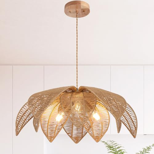 WYYSDWNE Farmhouse Chandeliers for Dining Room, 3-Light Rattan Boho Chandelier Light Fixture Hand Woven Wicker Pendant Light 24", Coastal Hanging Pendant Light for Kitchen Island Bedroom Living Room | Amazon (US)