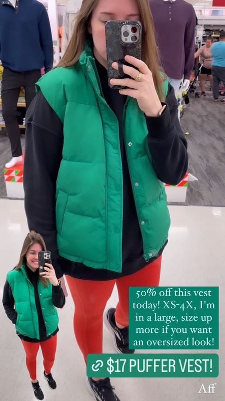 Cutest puffer vest 50% off at target right now! Only $17, XS-4X, also comes in neon pink! I'm wearing a large, which fits true to size. Could size up for a free people vest dupe look! 
................
Green vest puffer vest pink vest plus size vest target vest matching family pajamas free people vest free people dupe target finds target new arrivals midsize outfit size large outfit vest outfit winter outfit winter trends gifts for teens gifts for her gifts for girls gifts for friends gifts under $25 gifts under $20 last minute gifts

#LTKplussize #LTKmidsize #LTKGiftGuide
