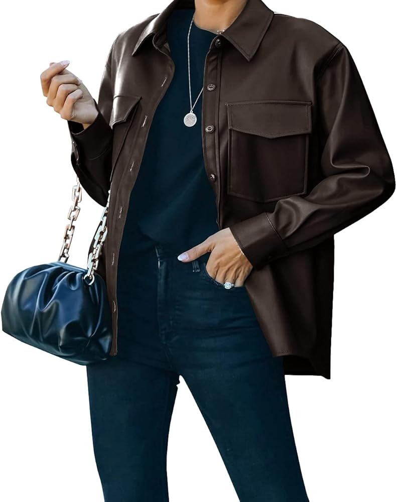 FERNGIRL Womens Button Front Faux PU Leather Jacket Shacket Casual Shirt Long Sleeve Blazer Coat ... | Amazon (US)