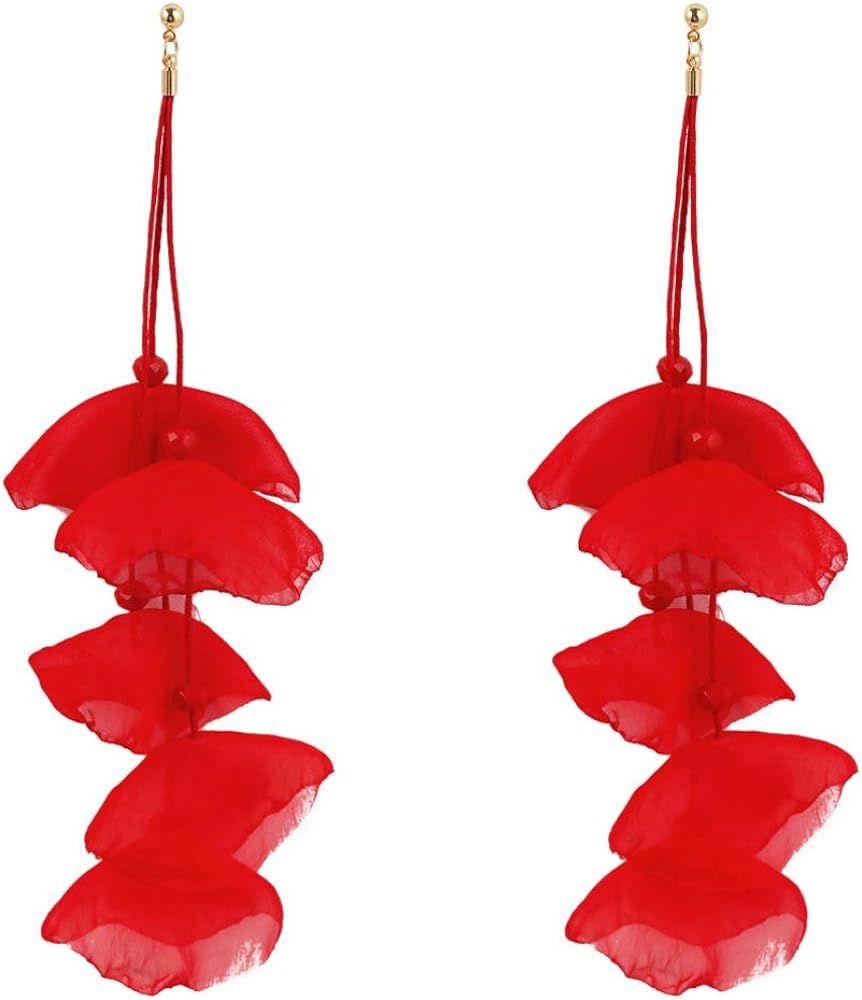 Flower Dangle Earrings Chain Chiffon Petals Dangle Earrings for Women Fashion Bohemian Jewelry | Amazon (US)