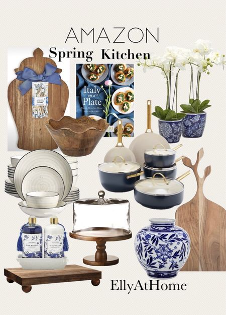 Amazon home spring kitchen refresh. Shop pretty blue accent, wood boards, wood bowl, recipe book, potted orchids, dinnerware, soap dispenser, cake plate, quality cookware. . Free shipping, sales. Kitchen home decor accessories. 

#LTKfindsunder50 #LTKhome #LTKsalealert