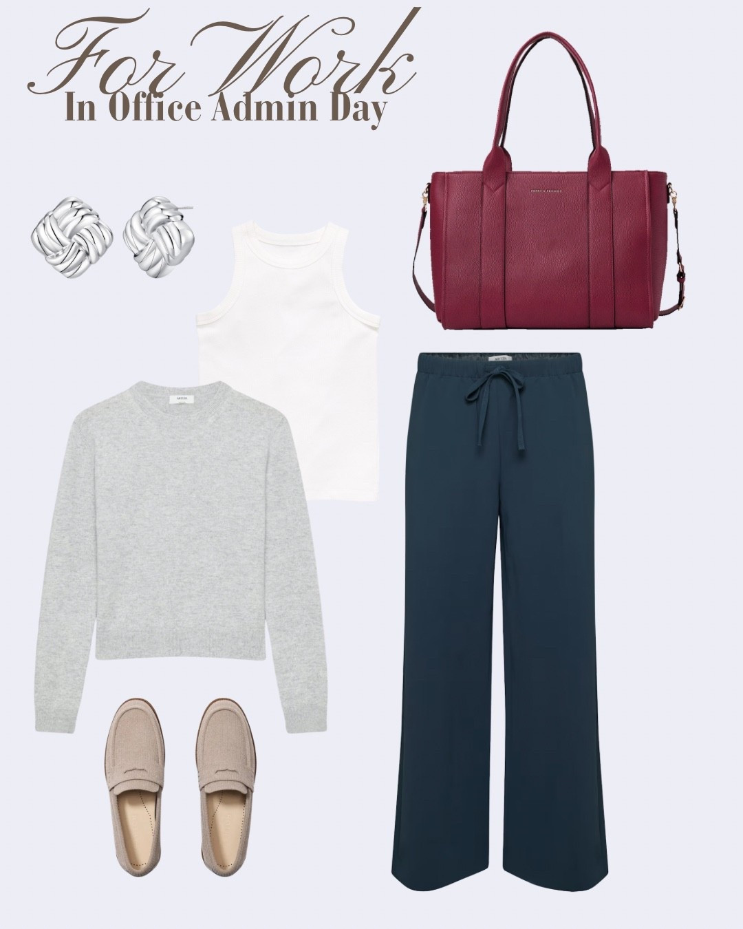 The in-office admin day uniform has entered the chat. My Aritzia Lodge pants (wide leg trousers that somehow make everything feel more put-together) layered under a grey cashmere crewneck with a white tank underneath — this is quiet luxury dressing for the woman who has things to do. Taupe suede loafers, silver knot studs, and a wine leather tote because the bag should always feel intentional. Linking everything below — the pants run true to size and the sweater is worth every penny.
#ltk #ltkstyle #ltkfashion #officeoutfit #workwear #quietluxury #aritizia #lodgepants #capsulewardrobe #widelegpants #cashmeresweater #polishedcasual #ootd #workootd #officestyle