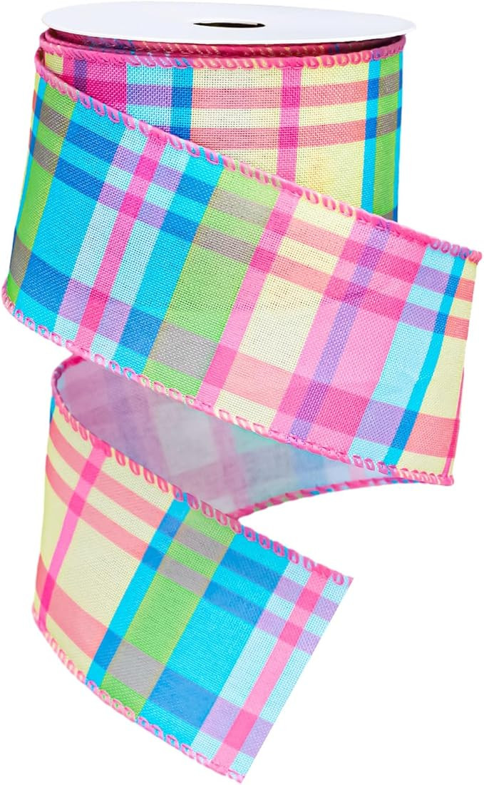 Colorful Plaid Wired Edge Ribbon 2.5 Inch Spring Pastel Craft Ribbon Easter Candy Color Plaid Fab... | Amazon (US)