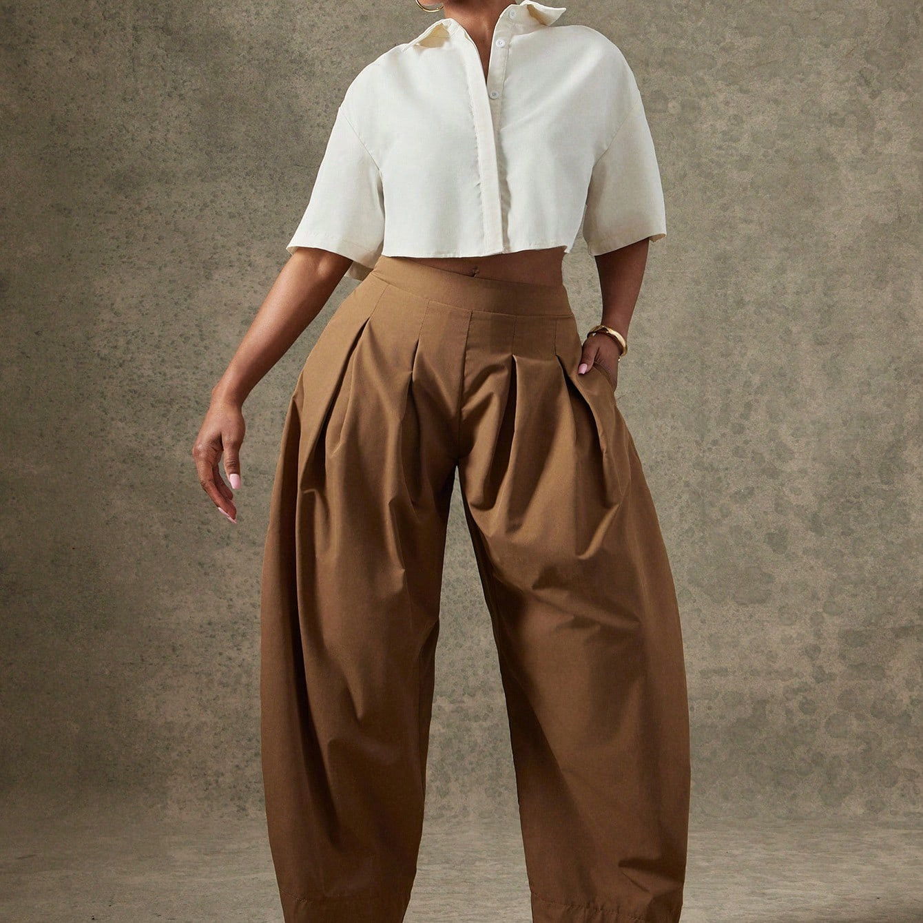 Vixey High Waist Pleated Detail Barrel Leg Office Pants | SHEIN