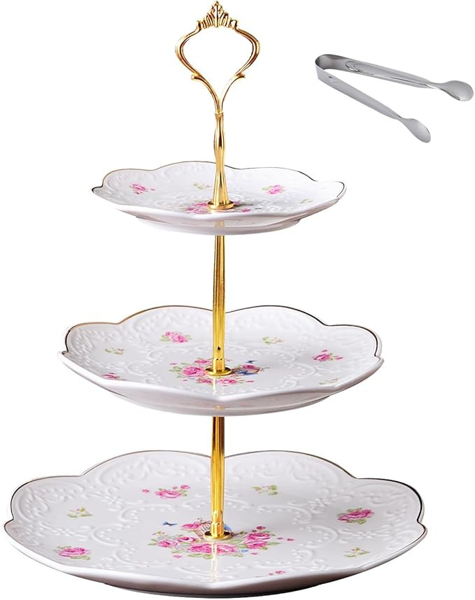 Claytonic® Elegant Embossed Floral Pattern 3-Tier Ceramic Cake Stand- Cupcake Stand- Tea Party P... | Amazon (US)