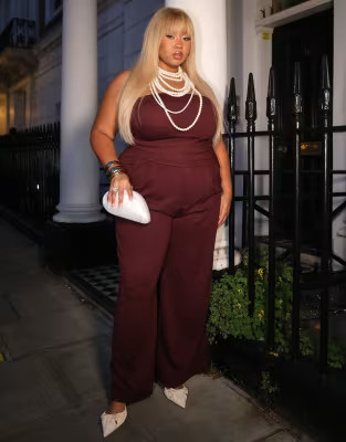 ASOS DESIGN Curve wide leg dress pants in burgundy - part of a set | ASOS (Global)