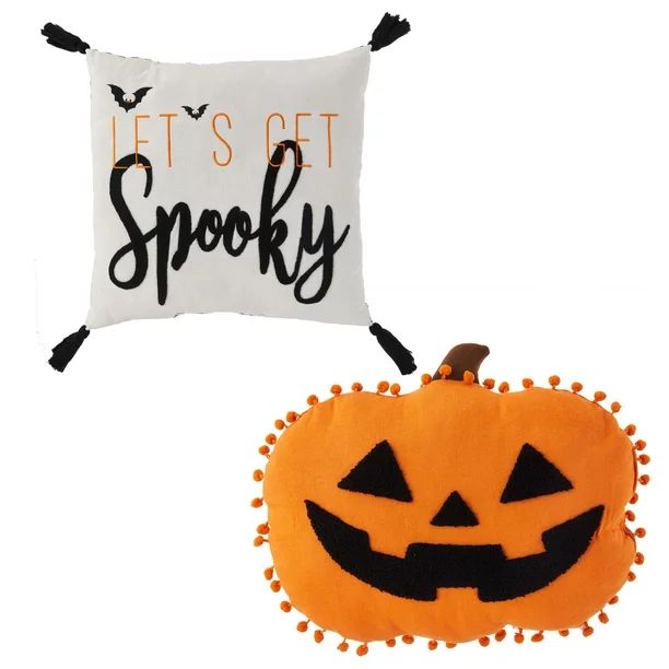 Way To Celebrate Halloween Decorative Pillow, 2pcs Pack 13inch Pumpkin/Spooky Pillow, Orange/Natu... | Walmart (US)