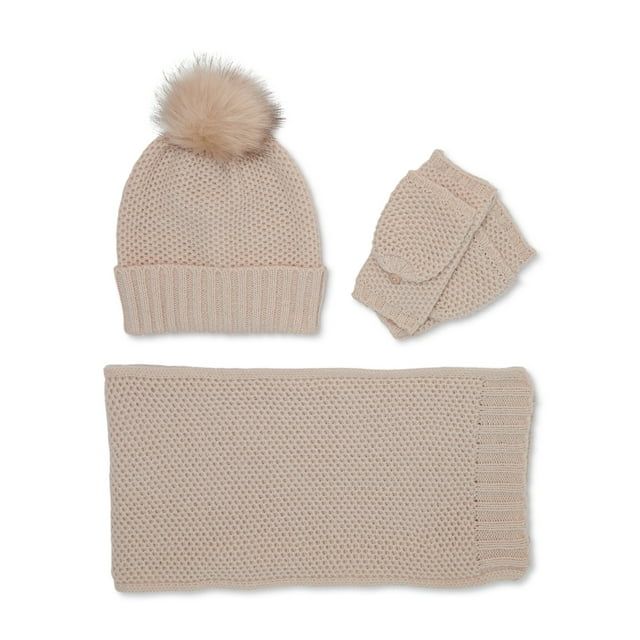 Time and Tru Women's Honeycomb Knit Gift Set with Beanie, Scarf and Pop Top Gloves, 3-Piece | Walmart (US)