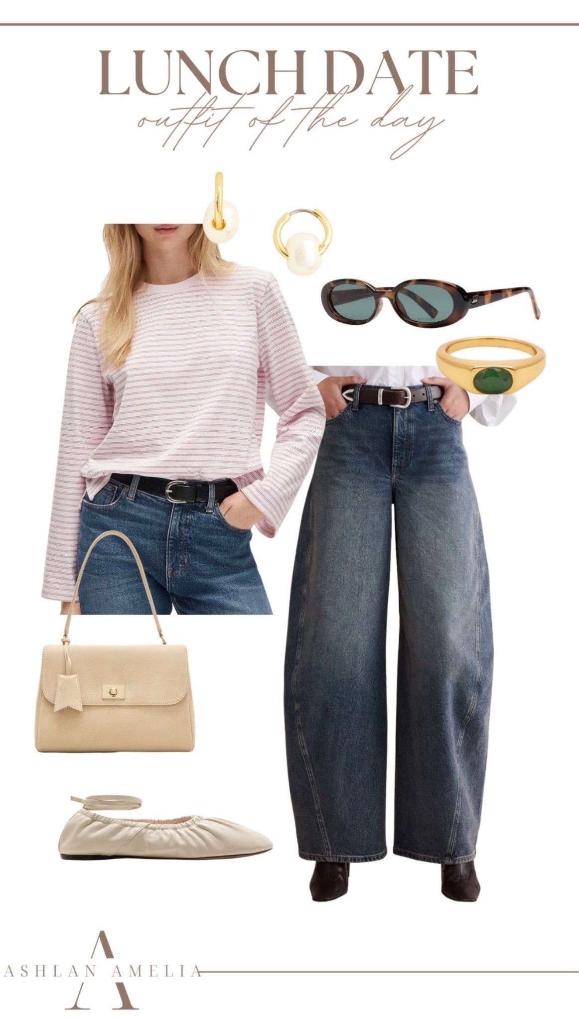 pink striped long sleeve top, sunglasses, gold ring, gold earrings, barrel leg jeans, tan handbag, cream ballet flats, spring outfit, chic outfit, lunch date outfit 

#LTKgrwm #LTKSeasonal #LTKootd