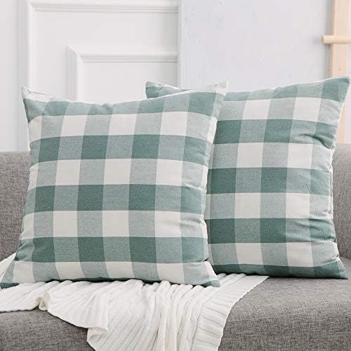 NATUS WEAVER Greyish Green and White Cotton Retro Checker Plaid Soild Decorative Throw Pillow Cov... | Amazon (US)