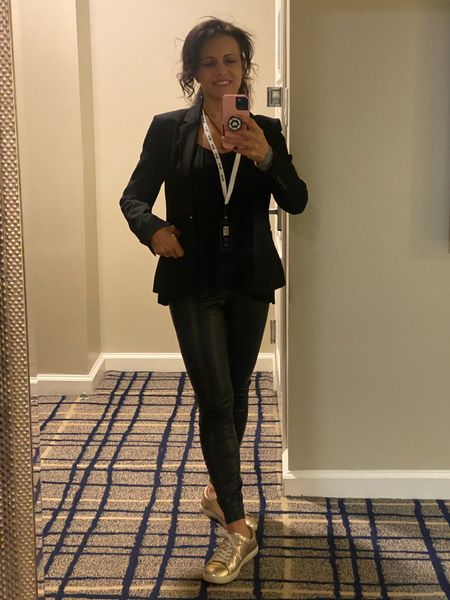 All black outfit because that’s how we roll. Black blazer, express pleather leggings, pleated tank, rose gold sneakers, work wear, casual work wear, business casual, work wear, fall outfits 

#LTKstyletip #LTKCon #LTKunder50