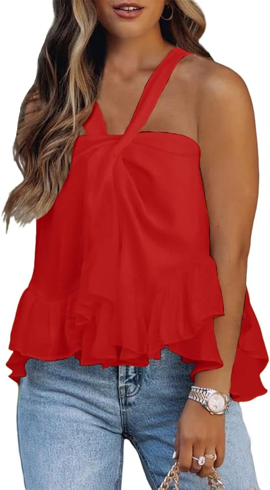 SAIKESIGIRL Womens Halter Ruffles Sleeveless Tops Summer Ruched Plain Tank Tops | Amazon (US)