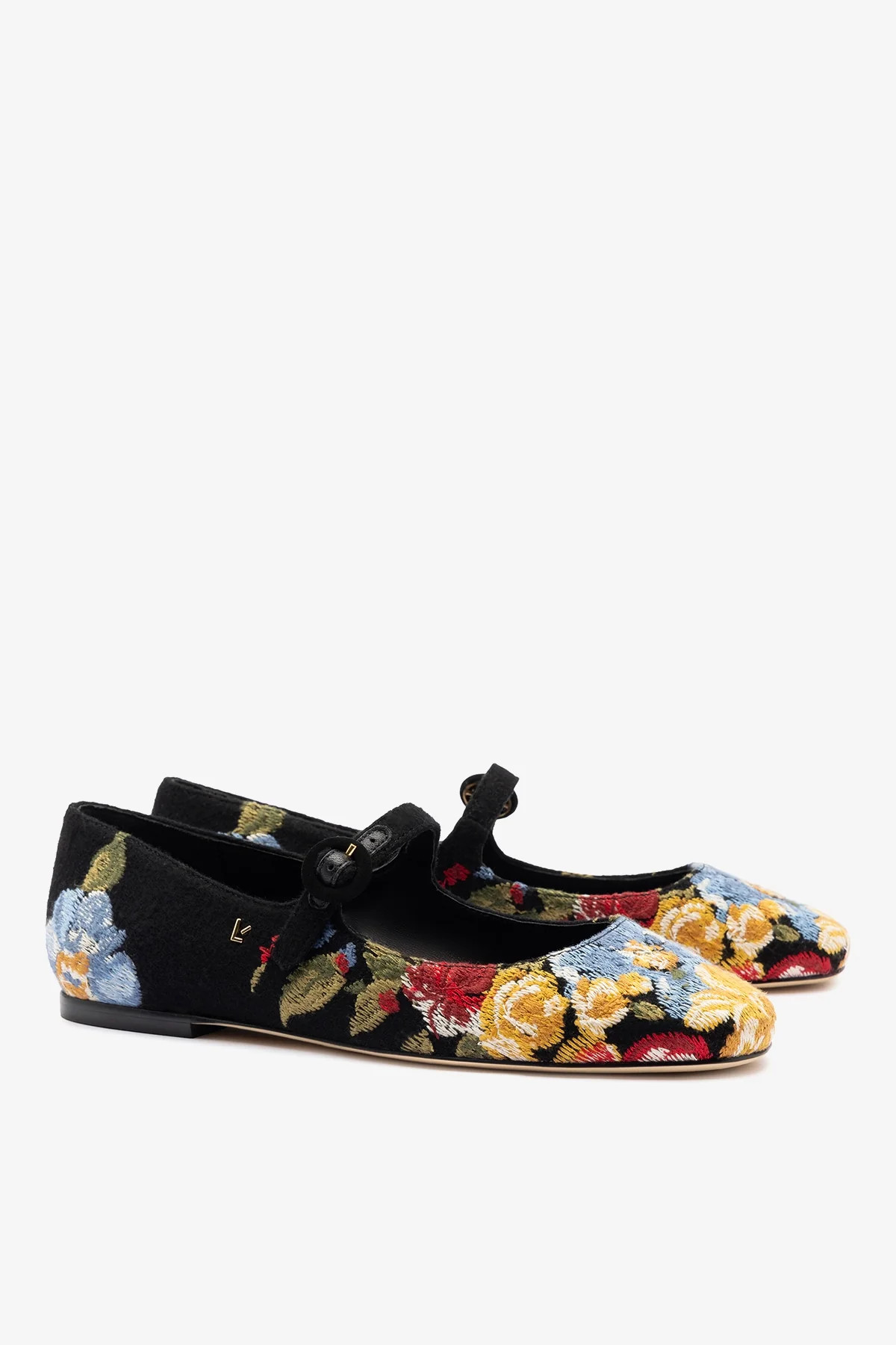 Larroudé x Markarian Flat In Black Wool and Floral Embroidery | Larroude
