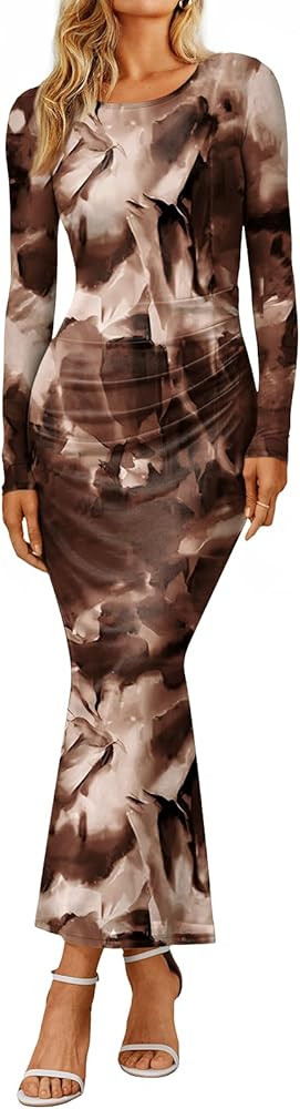 Trendy Queen Women's Floral Print Bodycon Ruched Dress Fall Long Sleeve Maxi Wedding Guest Dresse... | Amazon (US)