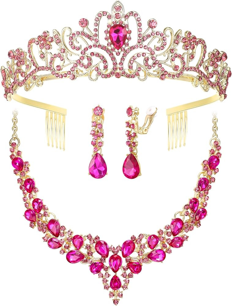 BriLove Alloy Crystal Teardrop Cluster Statement Necklace Clip-on Earrings Tiara Set | Amazon (US)
