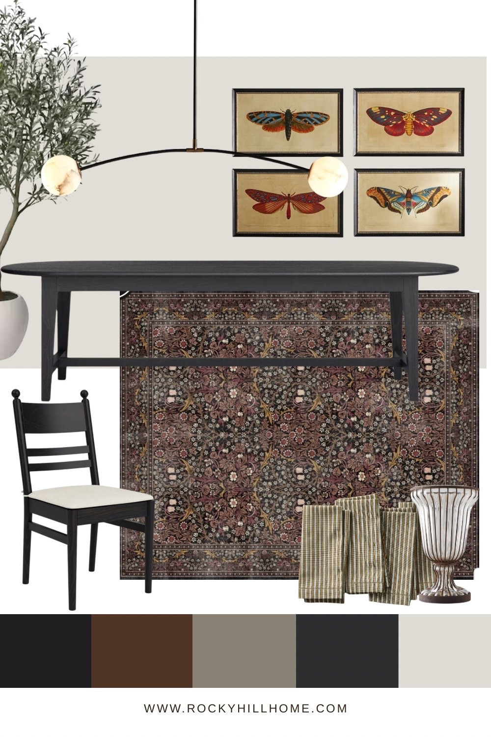 A warm + moody dining room look you can recreate on any budget!
Dark wood tones, vintage-style art, a patterned rug, modern linear chandelier, and classic black dining chairs come together for the perfect Modern Traditional dining space.

#LTKHome