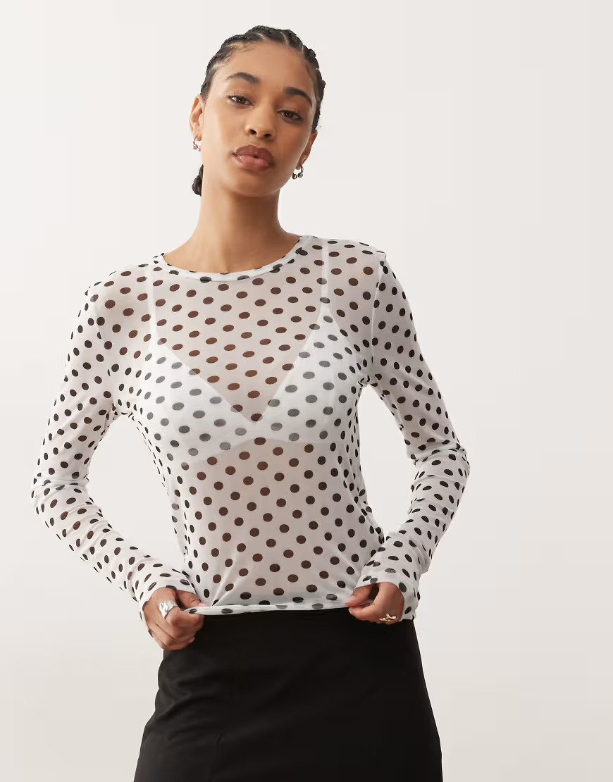 Noisy May long sleeve mesh top in black and white polka | ASOS (Global)