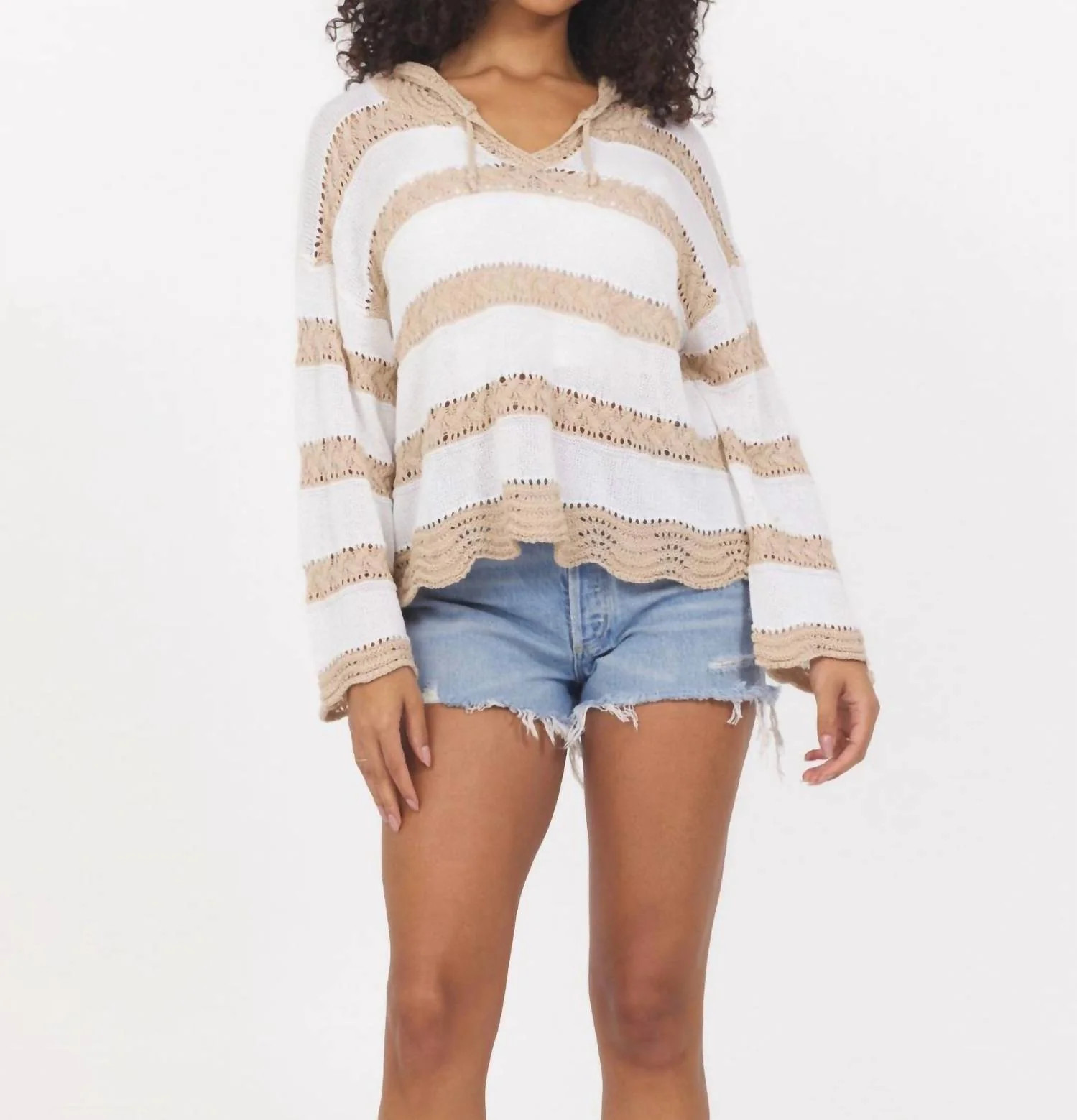 Women's Stripe Hooded Sweater In Ivory Beige Stripes | Shop Simon