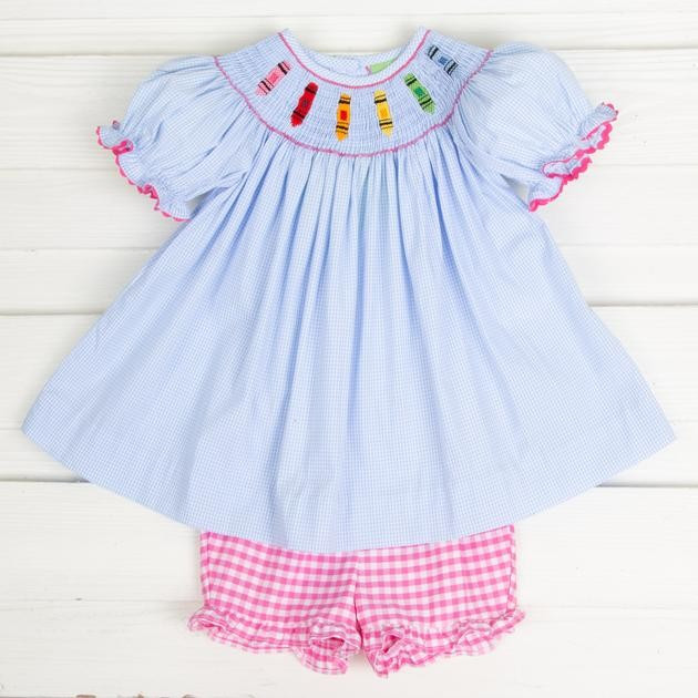 Crayon Smocked Short Set Light Blue Gingham | Classic Whimsy