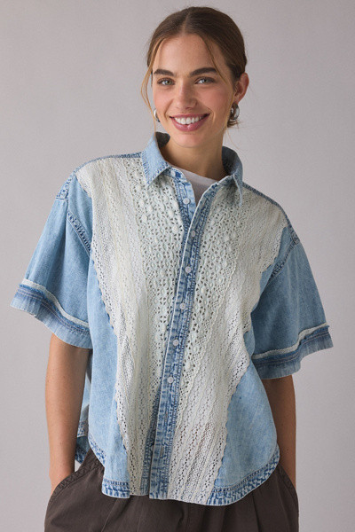 BDG Caught In The Feeling Lace + Denim Short Sleeve Button-Up Shirt | Urban Outfitters (US and RoW)
