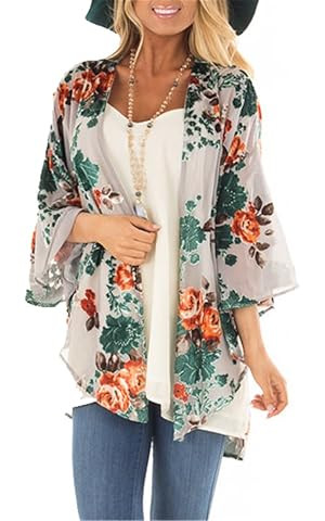 Womens Kimono Cardigans Floral Print Chiffon Beach Cover ups Loose Casual Tops | Amazon (US)